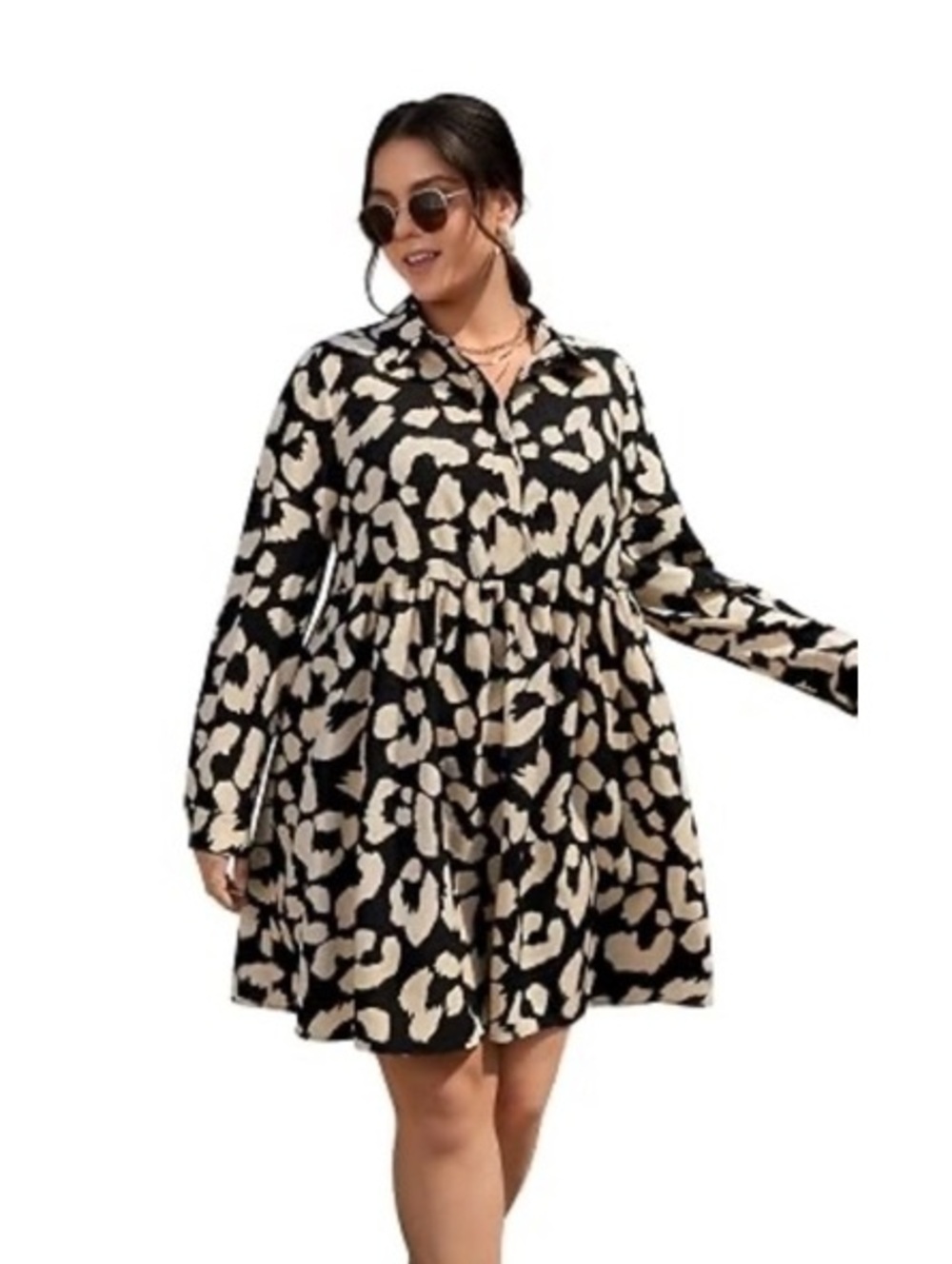 SHEIN Curve 1XL Black and Beige Animal Print Long Sleeve Dress